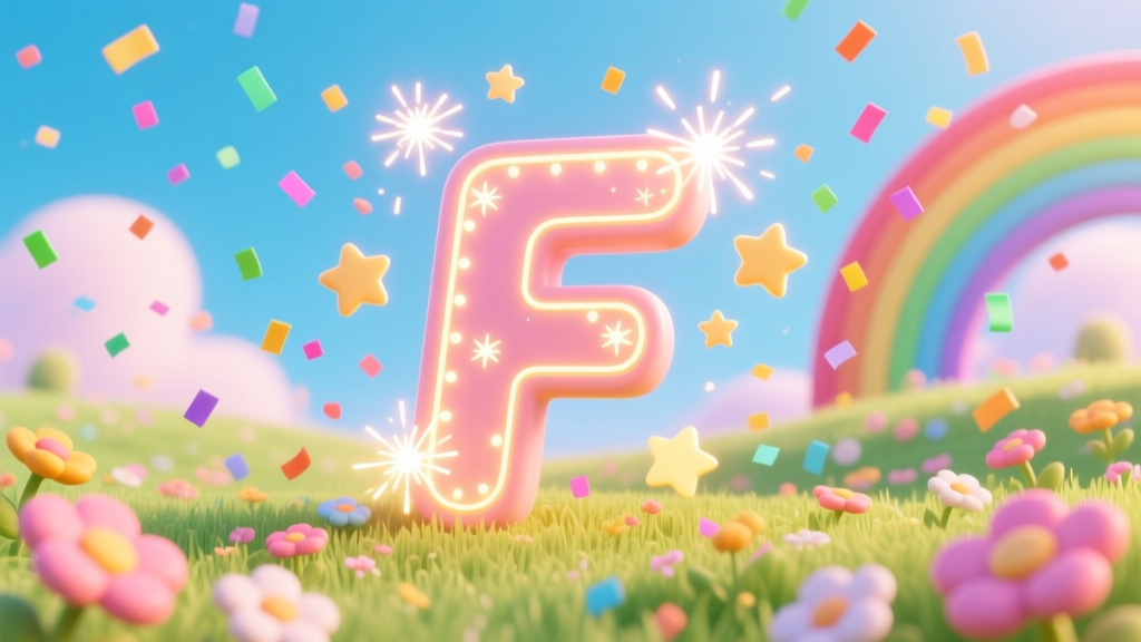 Glowing Letter F in a Magical Rainbow Meadow