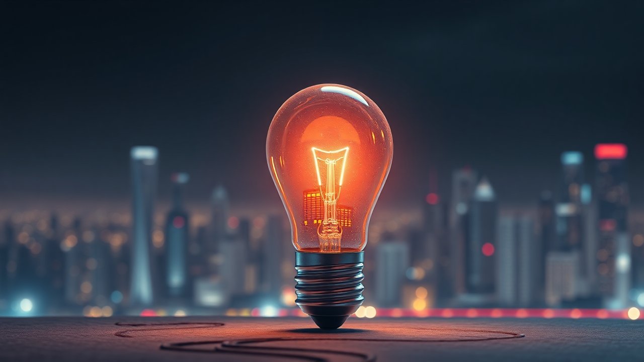 Glowing Lightbulb with Cityscape Reflection at Night