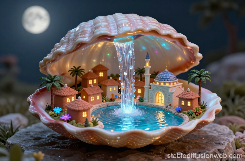 Glowing Miniature Village Inside a Giant Shell at Night