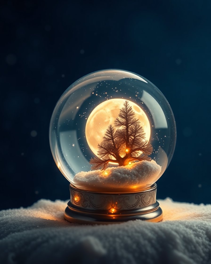 Glowing Moon and Tree Inside a Crystal Snow Globe
