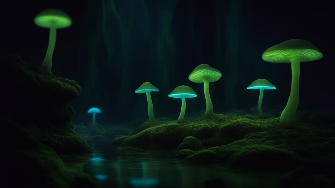 Glowing Mushrooms Illuminating a Dark Cave