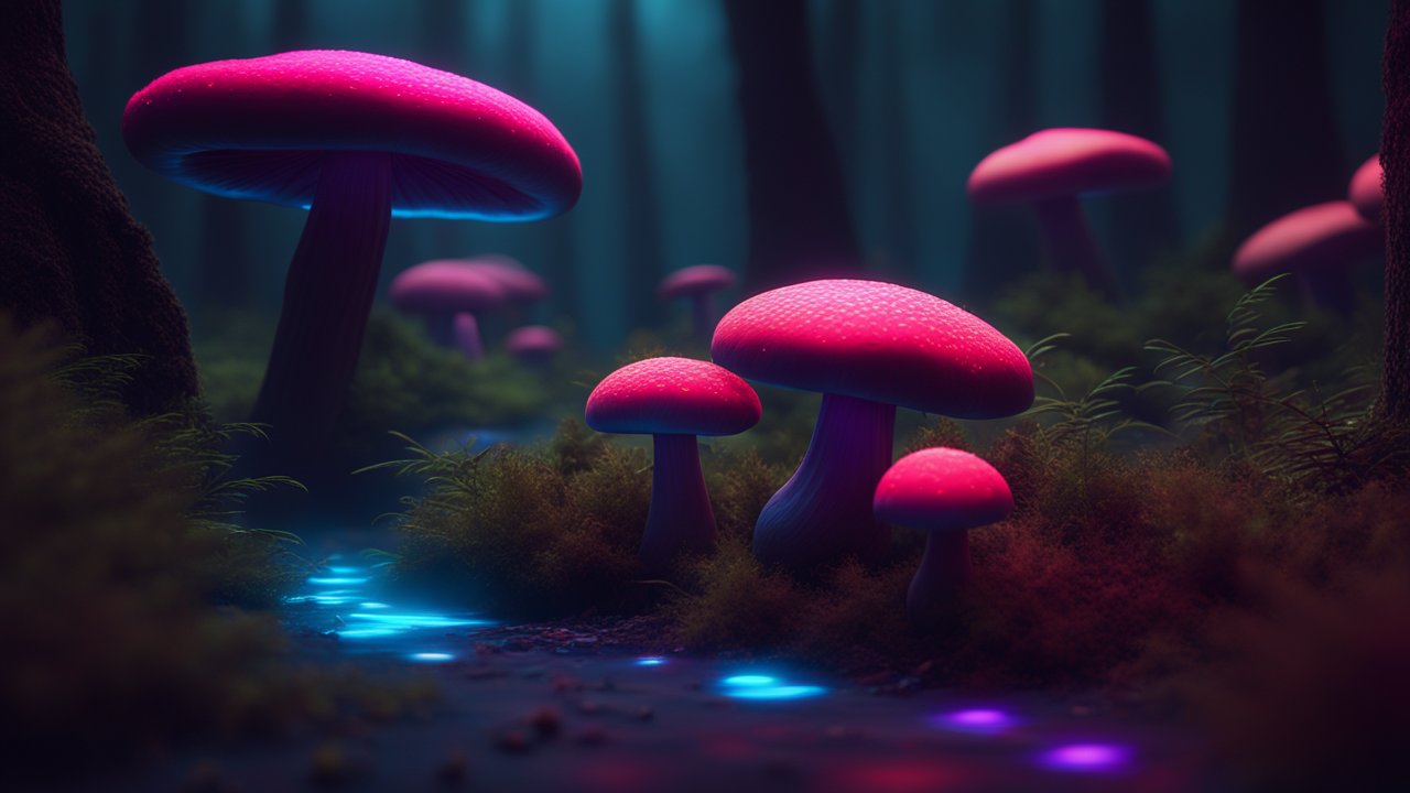 Glowing Neon Mushrooms in a Mystical Forest