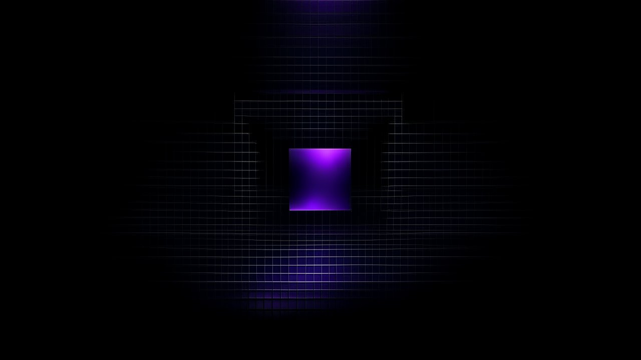 Glowing Purple Cube in Dark Grid Space
