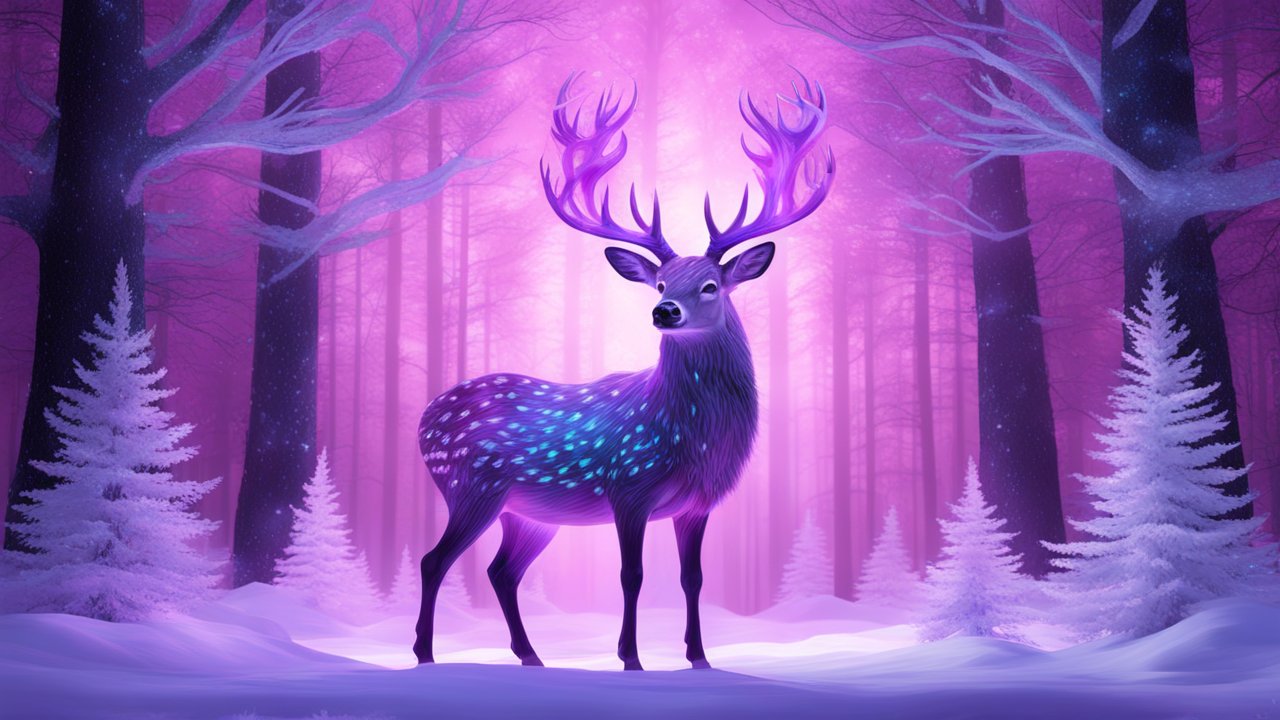 Glowing Purple Deer in Enchanted Winter Forest