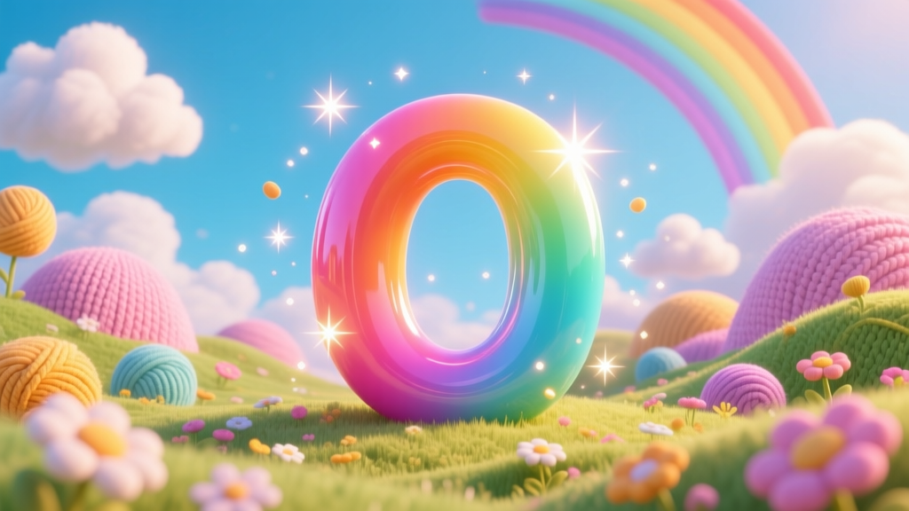 Glowing Rainbow Letter O in a Whimsical Yarn Landscape