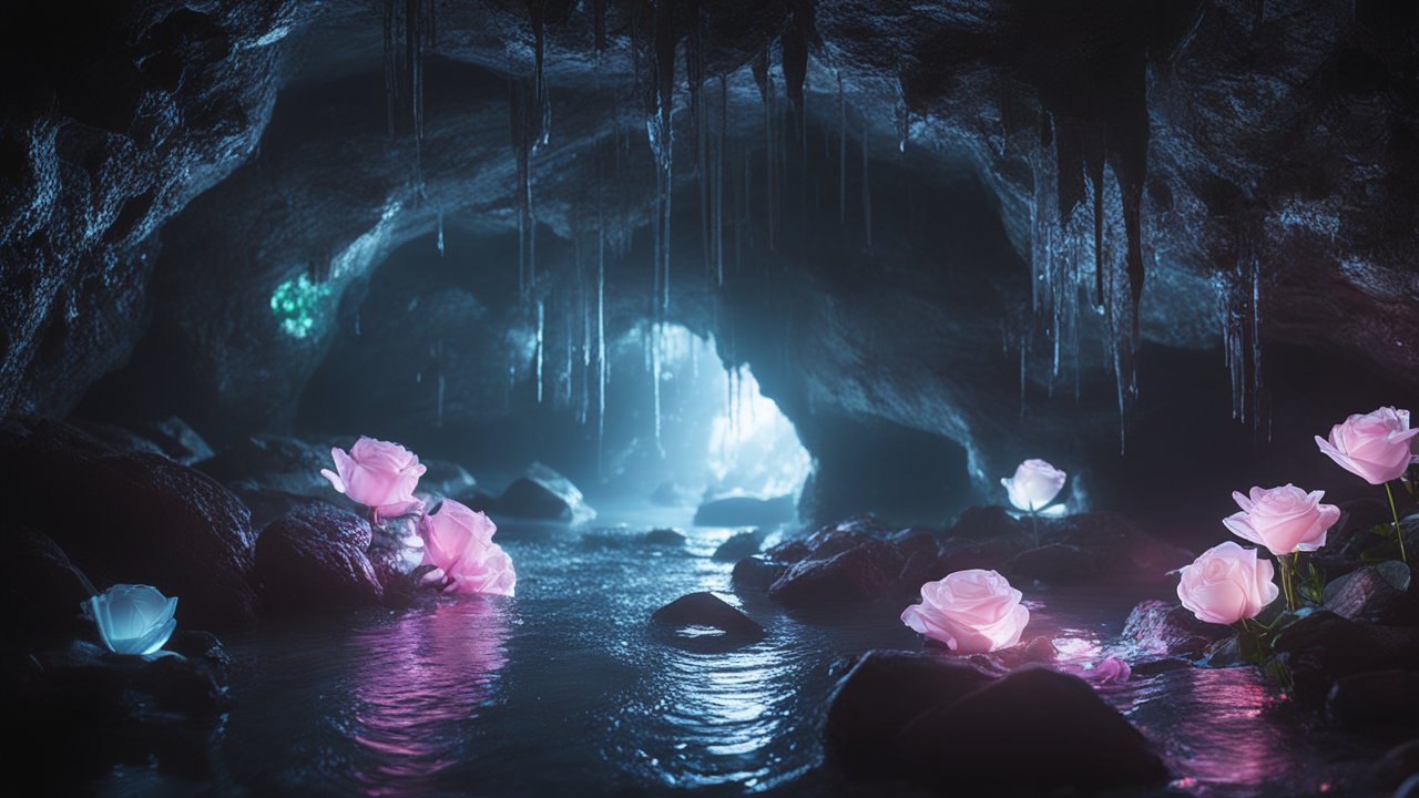 Glowing Roses Illuminate a Dark Underground Cave