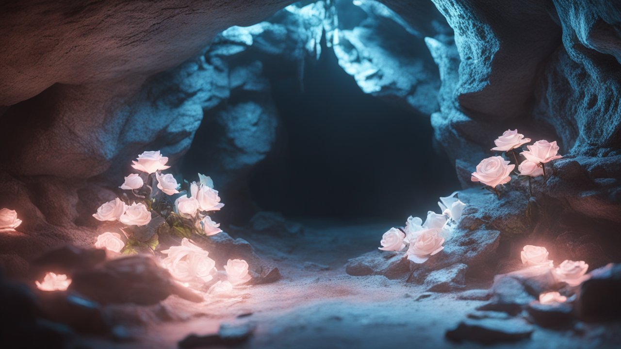 Glowing Roses Illuminating a Dark Underground Cave
