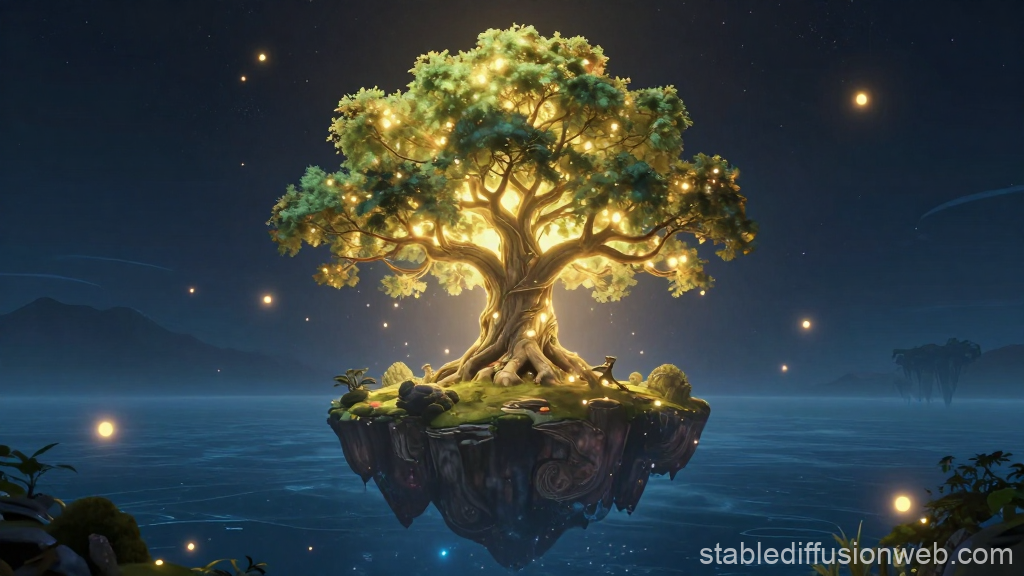 Glowing Sacred Tree on Floating Island at Night
