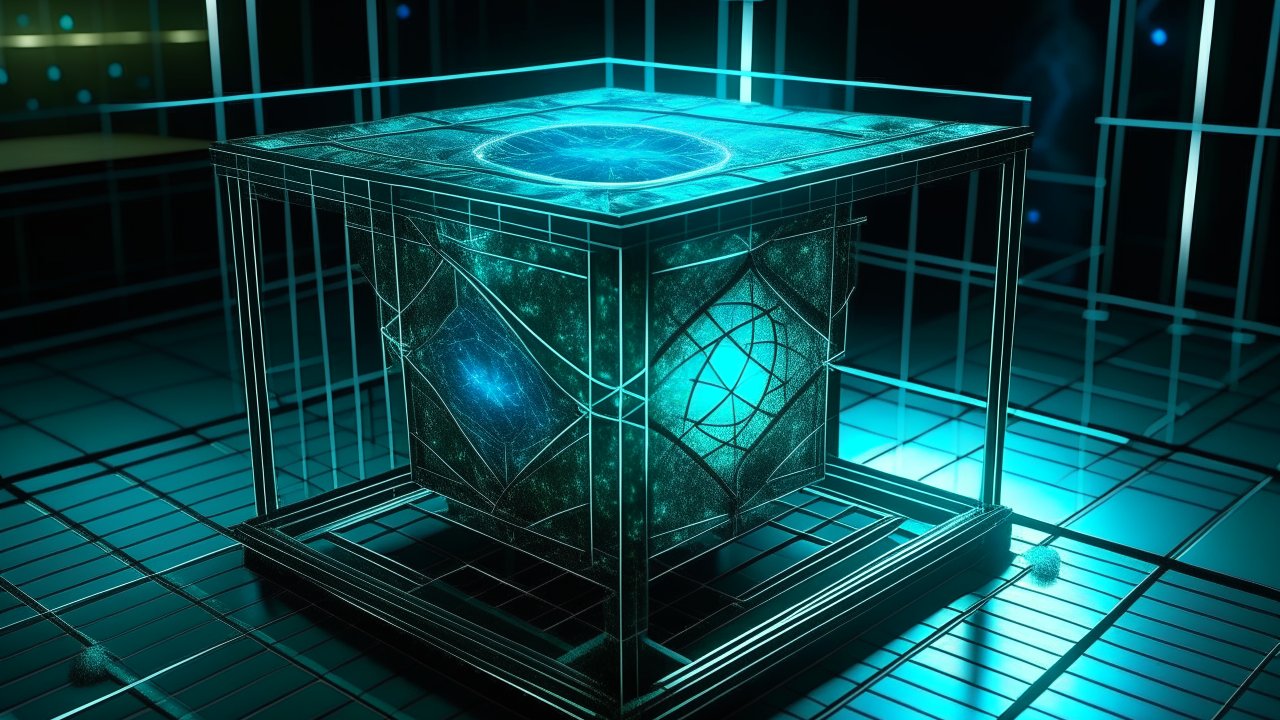 Glowing Tesseract Cube in Futuristic Grid Environment