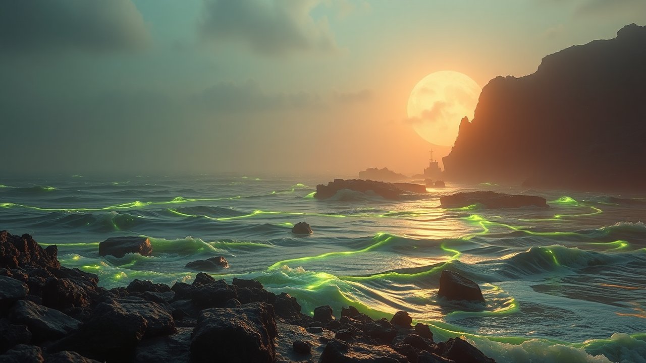 Glowing Waves at Sunset by Rocky Coastline