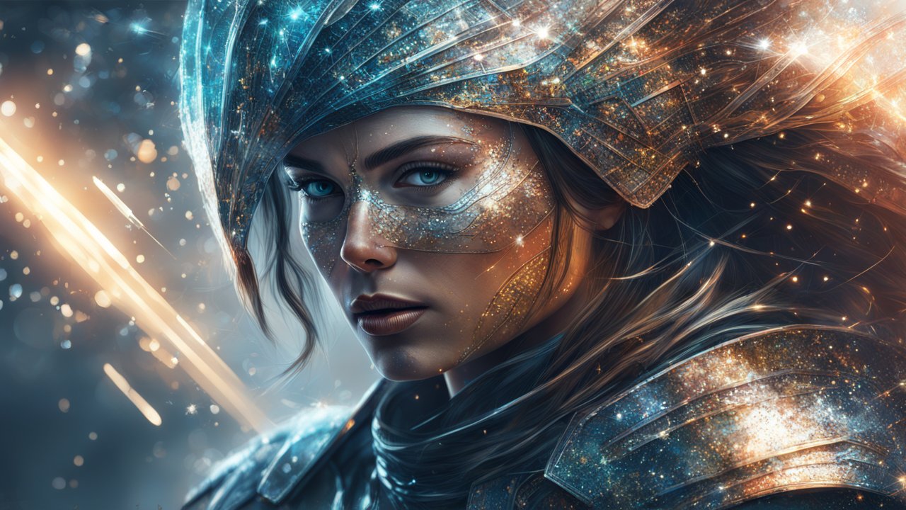 Glowing Woman Warrior in Shimmering Armor