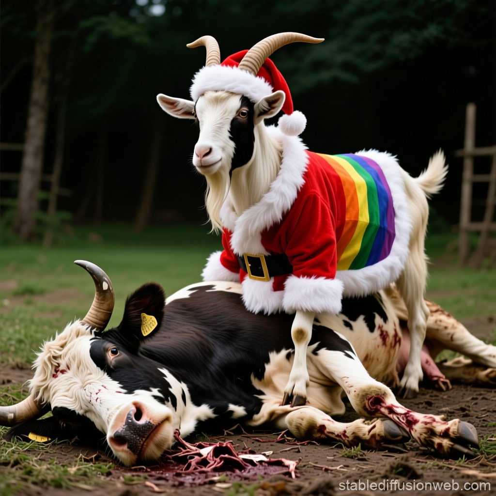 Goat in Rainbow Santa Outfit Standing on Dead Cow