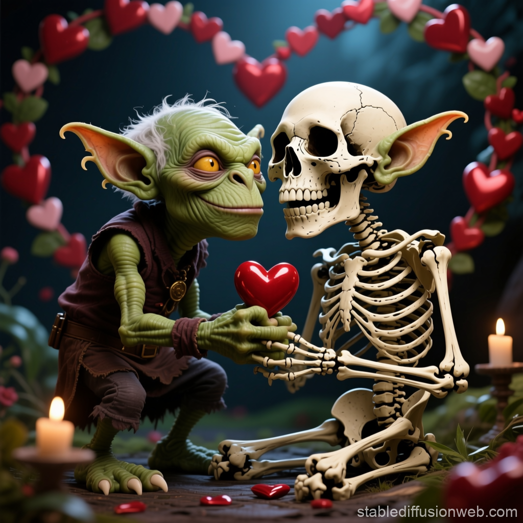 Goblin and Skeleton Sharing a Heart in a Romantic Setting