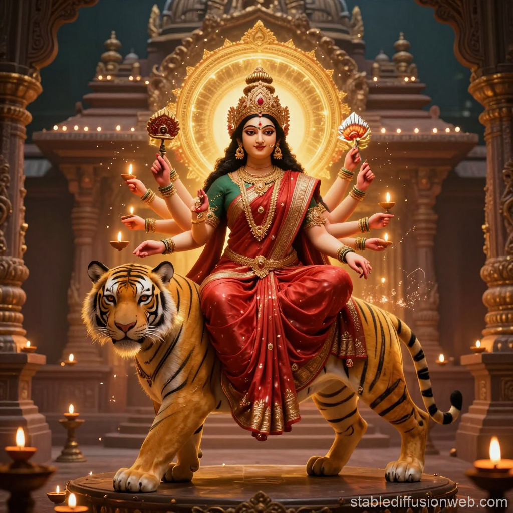 Goddess Durga Seated on a Tiger in a Sacred Temple