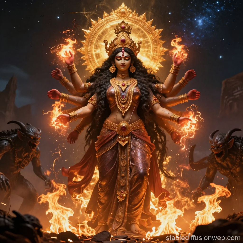 Goddess Kali with Fiery Aura and Demonic Shadows