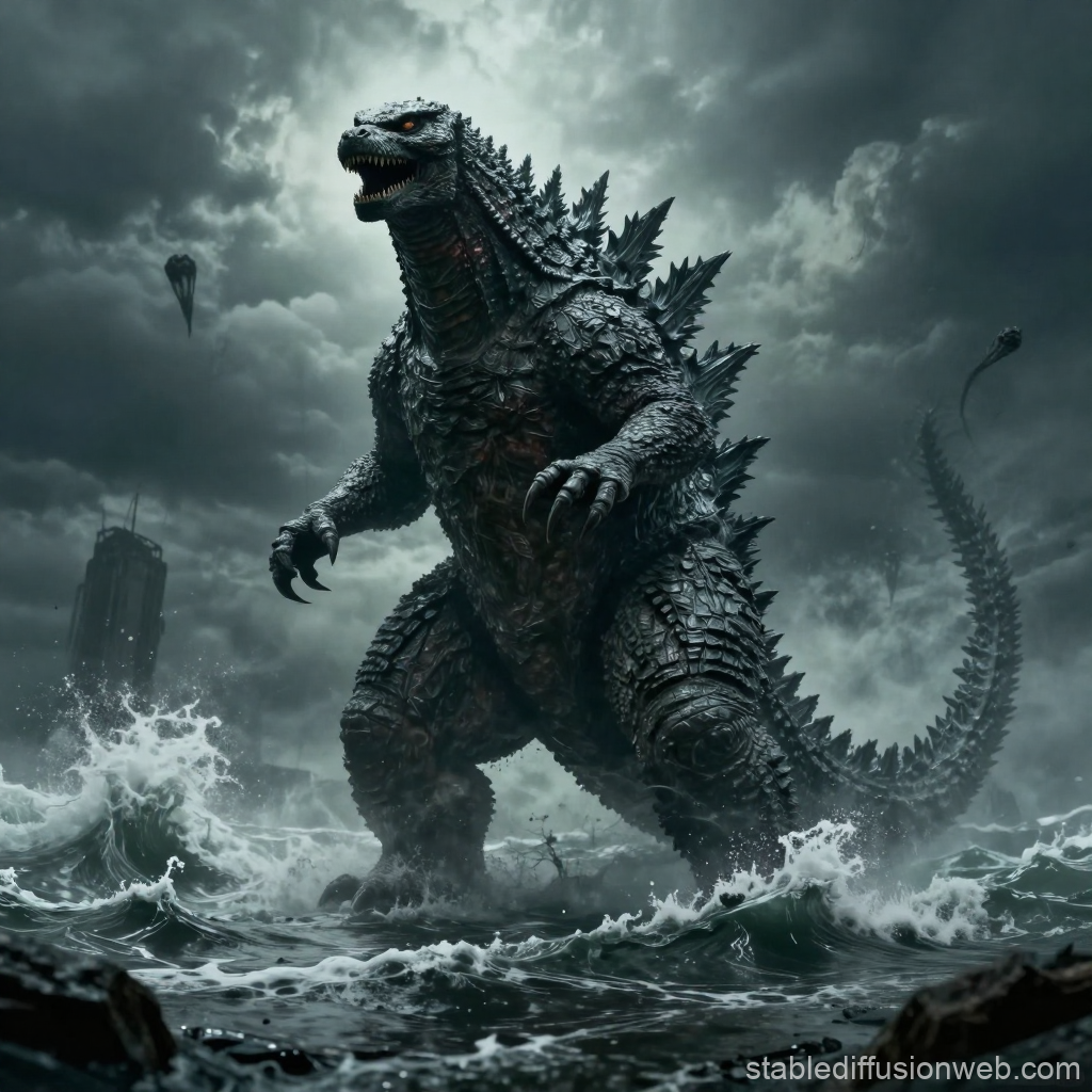 Godzilla Emerging from Stormy Ocean