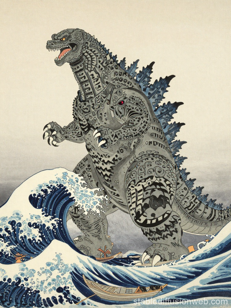 Godzilla in Feudal Japanese Ukiyo-e Style
