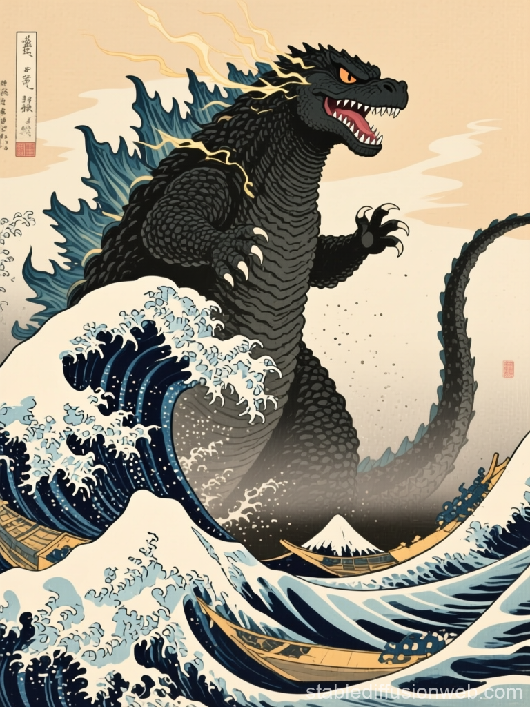 Godzilla in the Style of Hokusai's Great Wave
