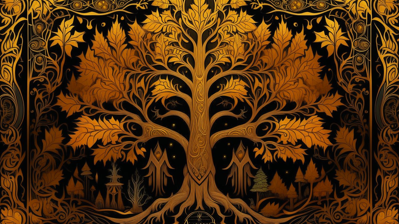 Golden Alinor Maple Tree with Ornate Leaves and Mystical Symbols