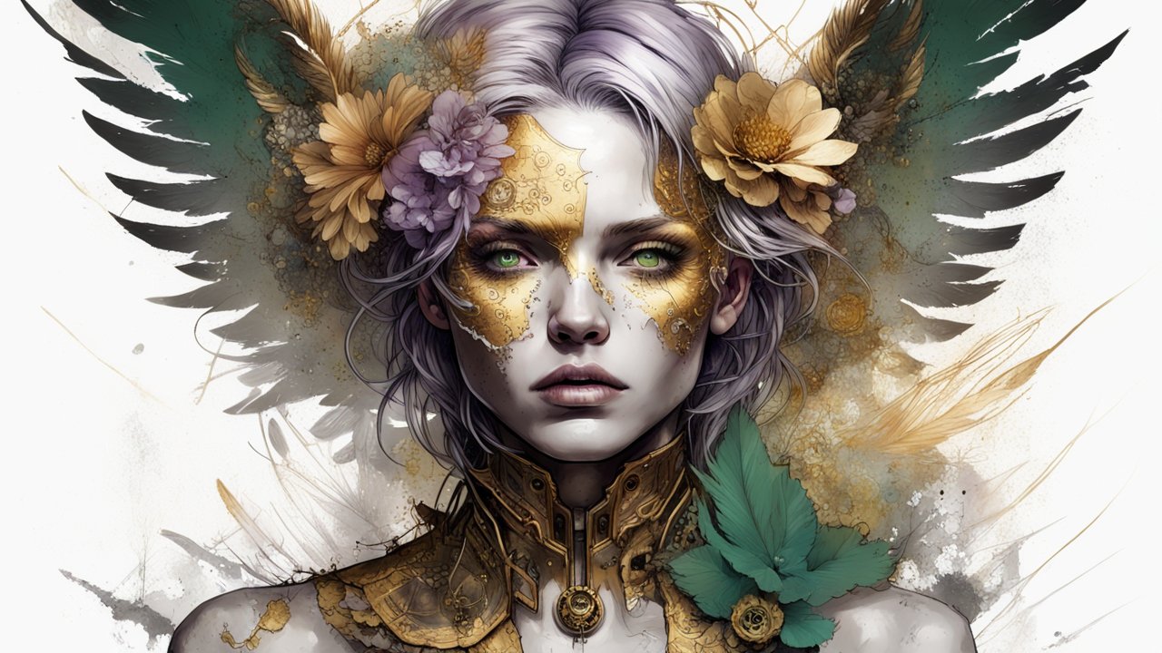 Golden Angel with Floral Crown and Mechanical Armor