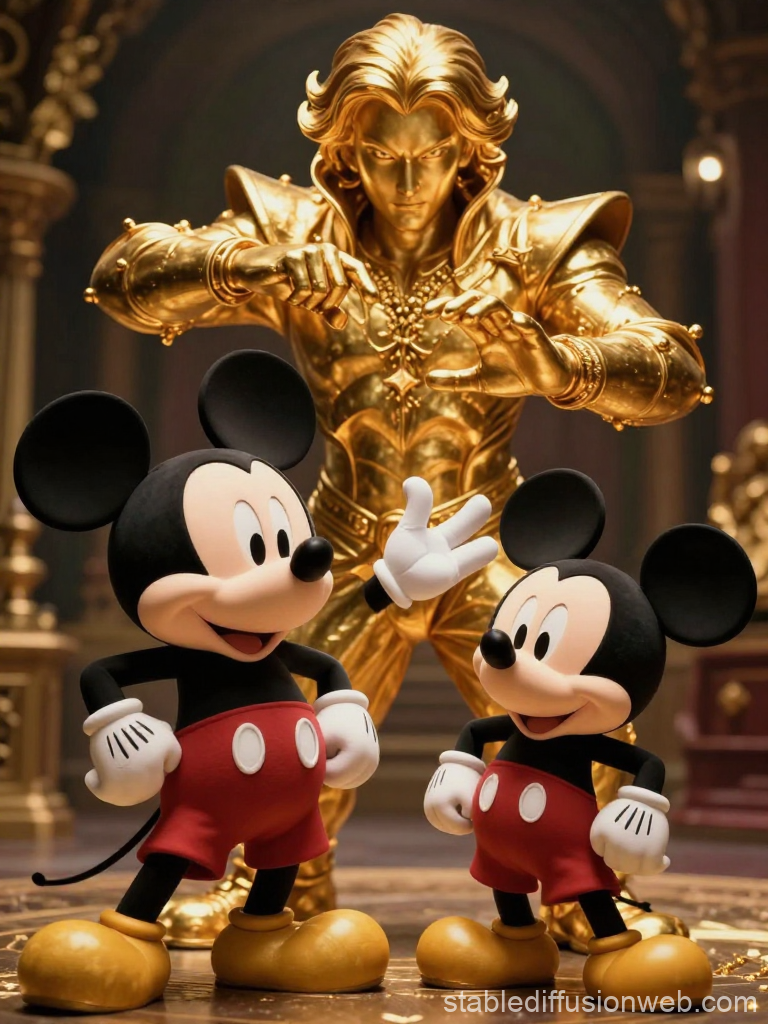 Golden Anime Warrior Behind Two Classic Mickey Mouse Figures