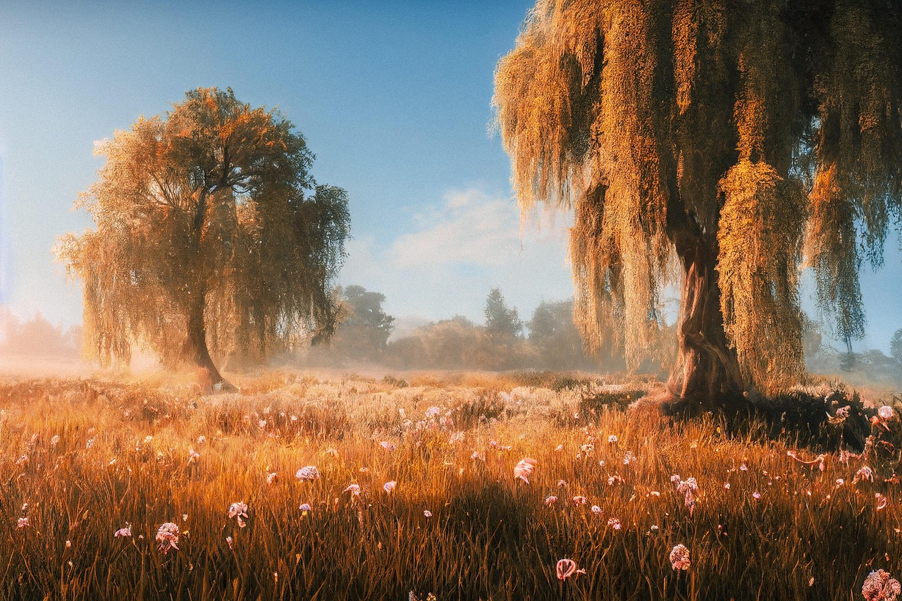 Golden Autumn Willow Trees in Misty Meadow