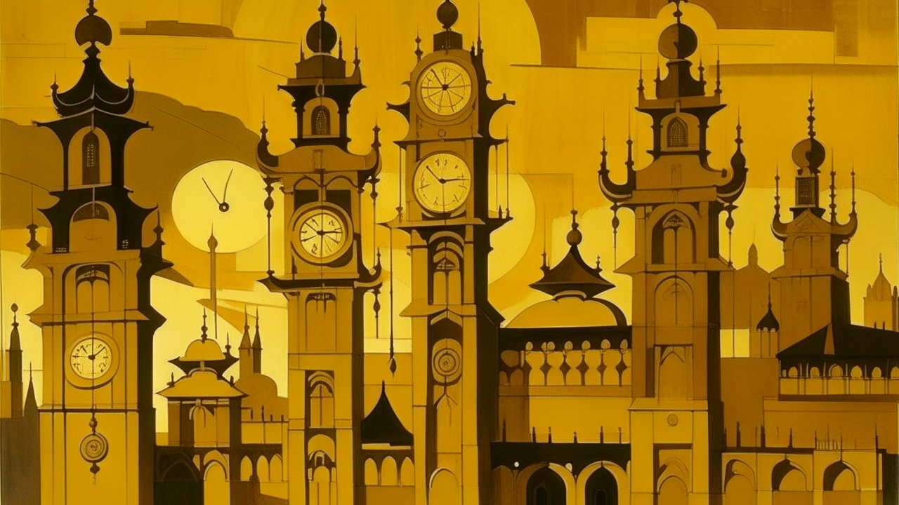 Golden Clock Towers in Stylized Architectural Scene
