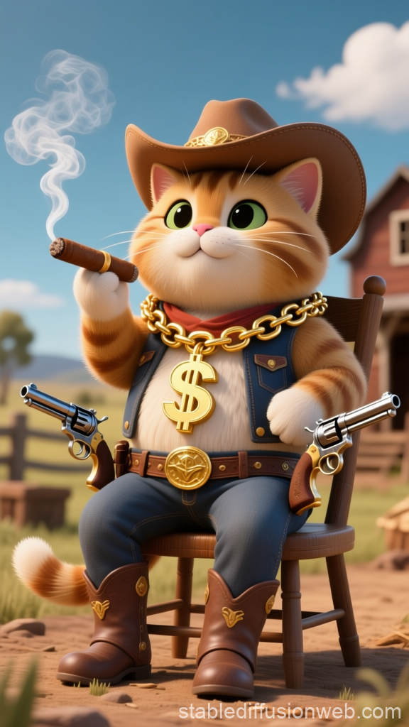Golden Cowboy Cat with Cigars and Guns in Wild West