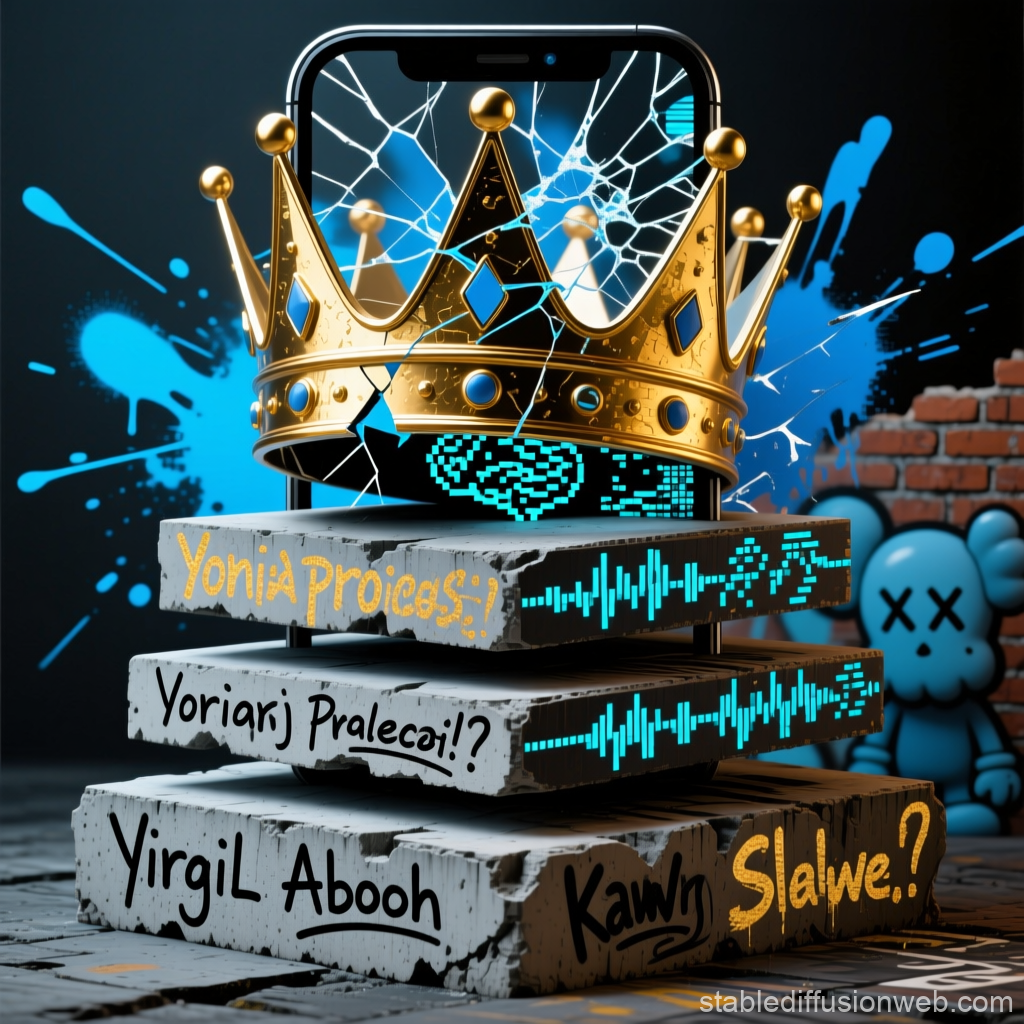 Golden Crown Through Glitch Layers with Graffiti Text