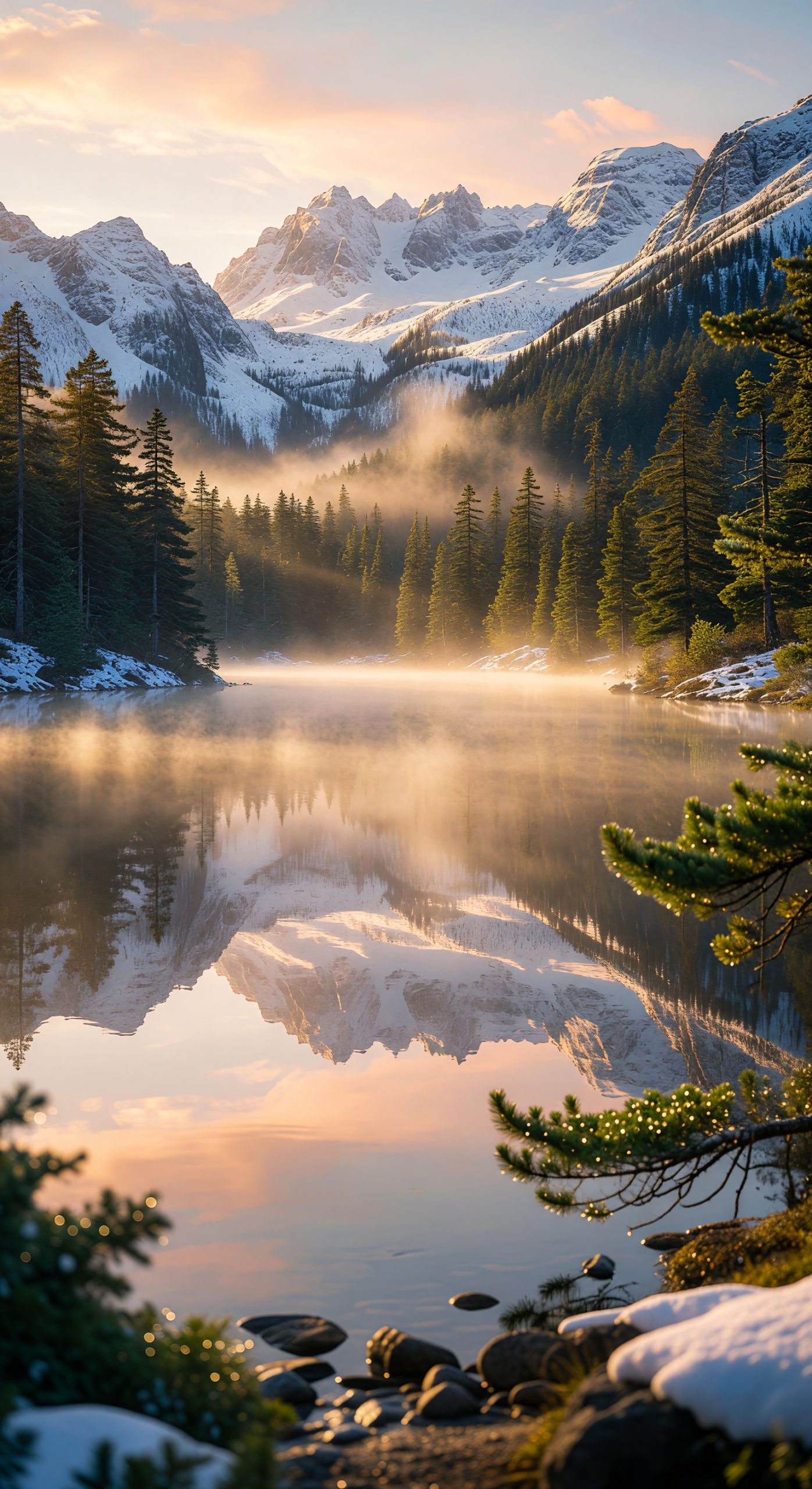 Golden Dawn Mist Over Serene Mountain Lake