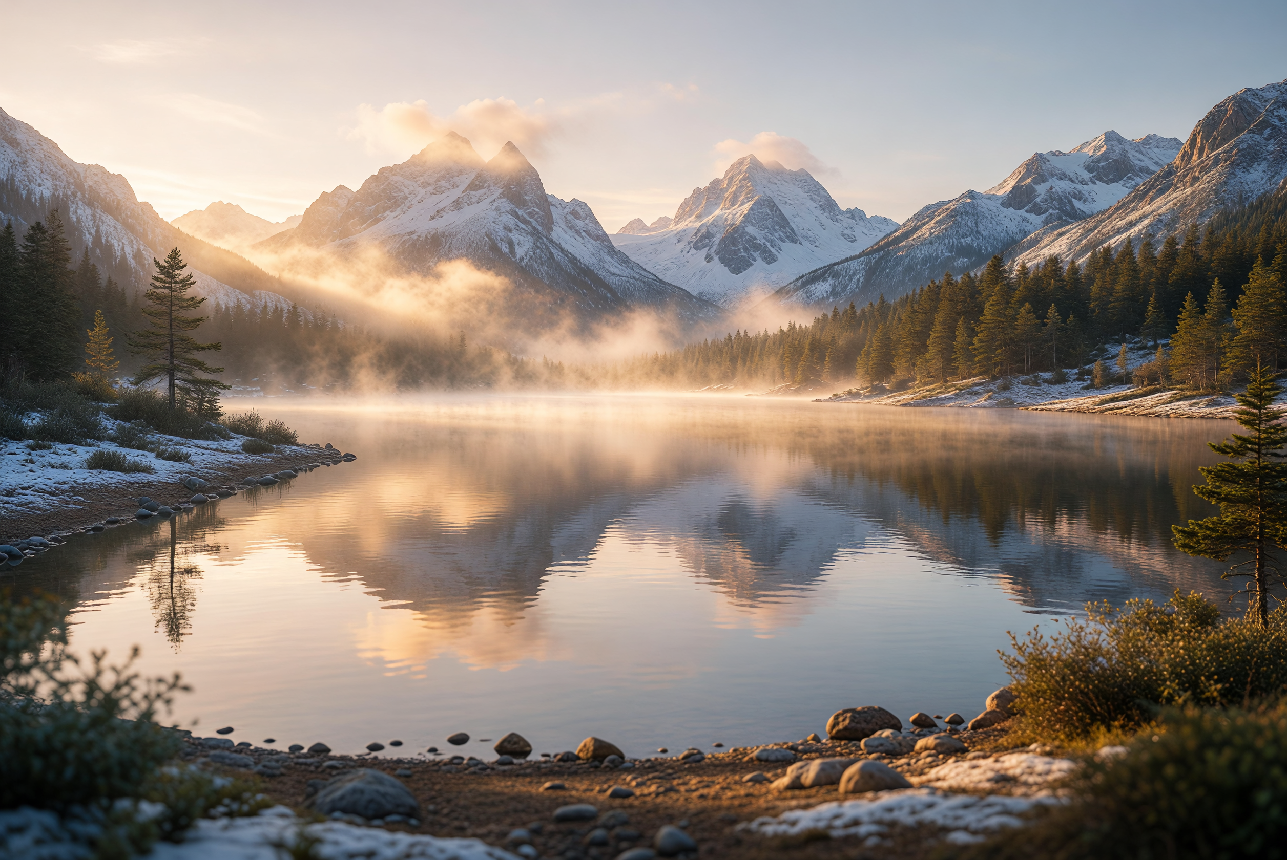 Golden Dawn Mist Over Serene Mountain Lake