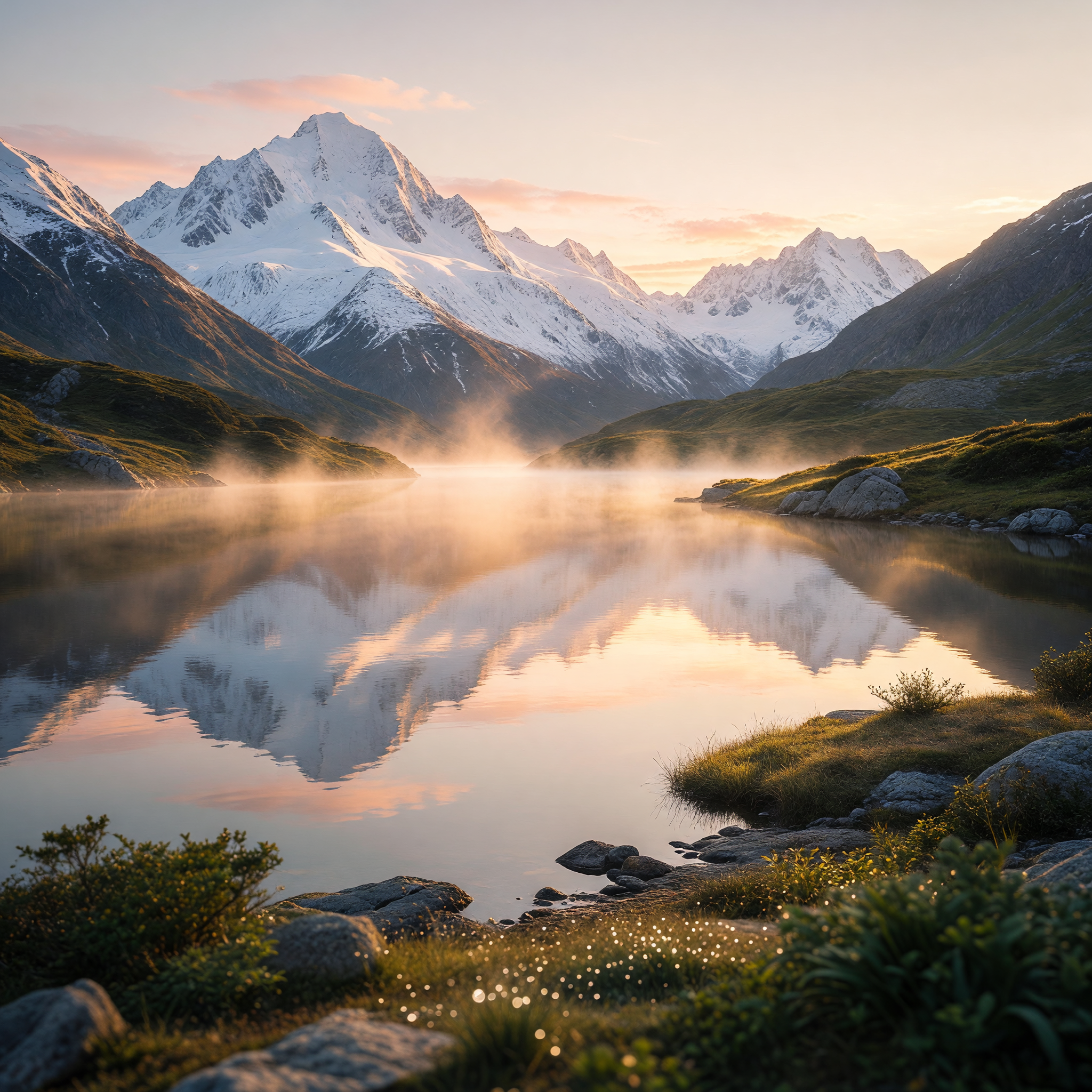 Golden Dawn Mist Over Serene Mountain Lake