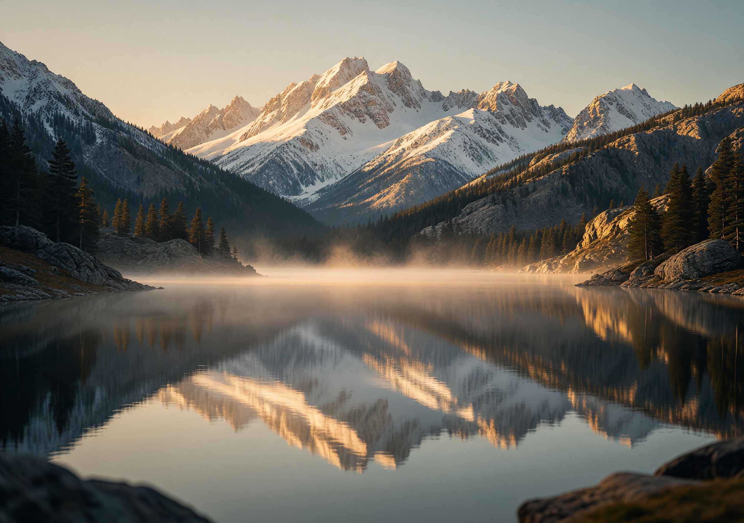 Golden Dawn Mist Over Serene Snow-Capped Peaks