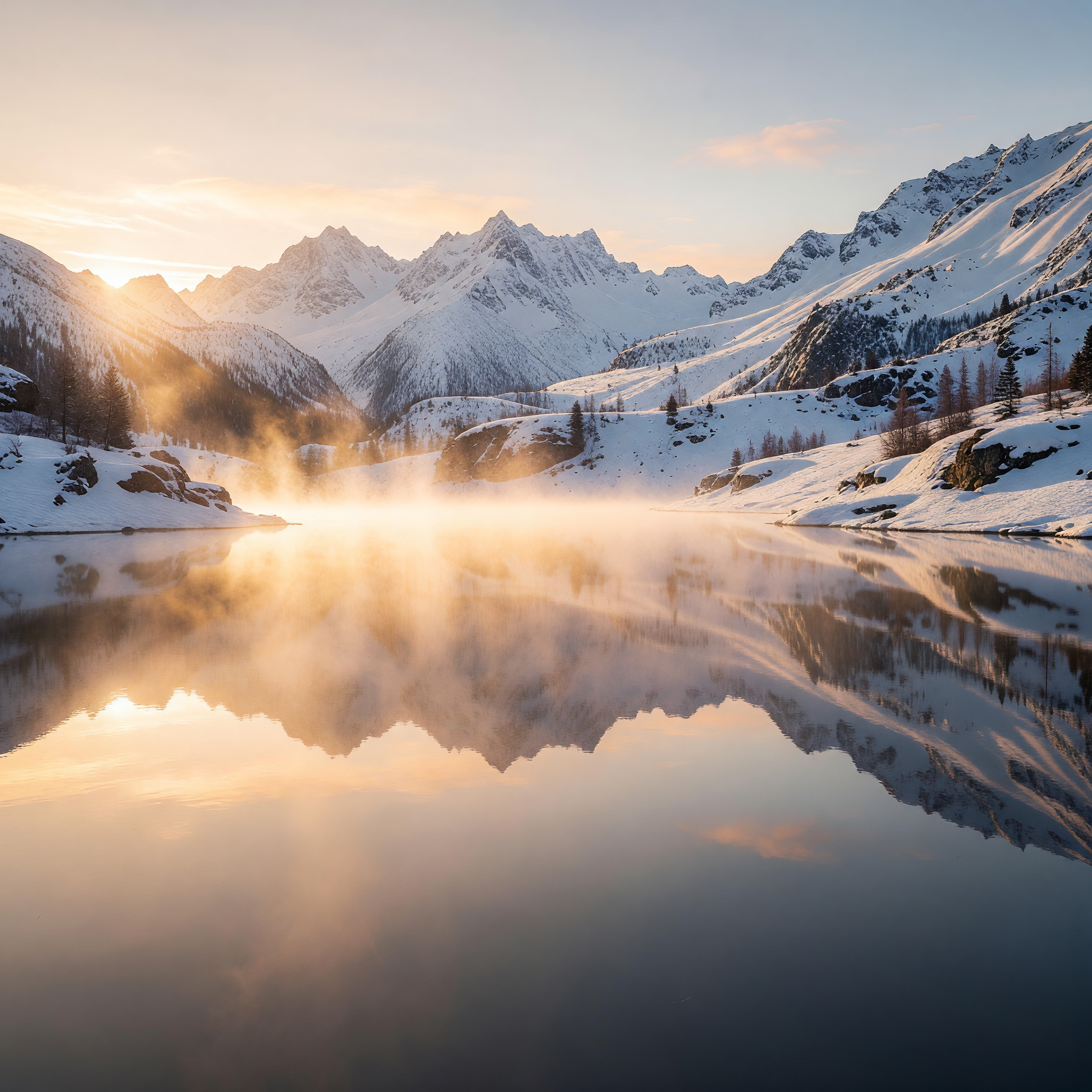 Golden Dawn Mist Over Serene Snowy Mountain Lake