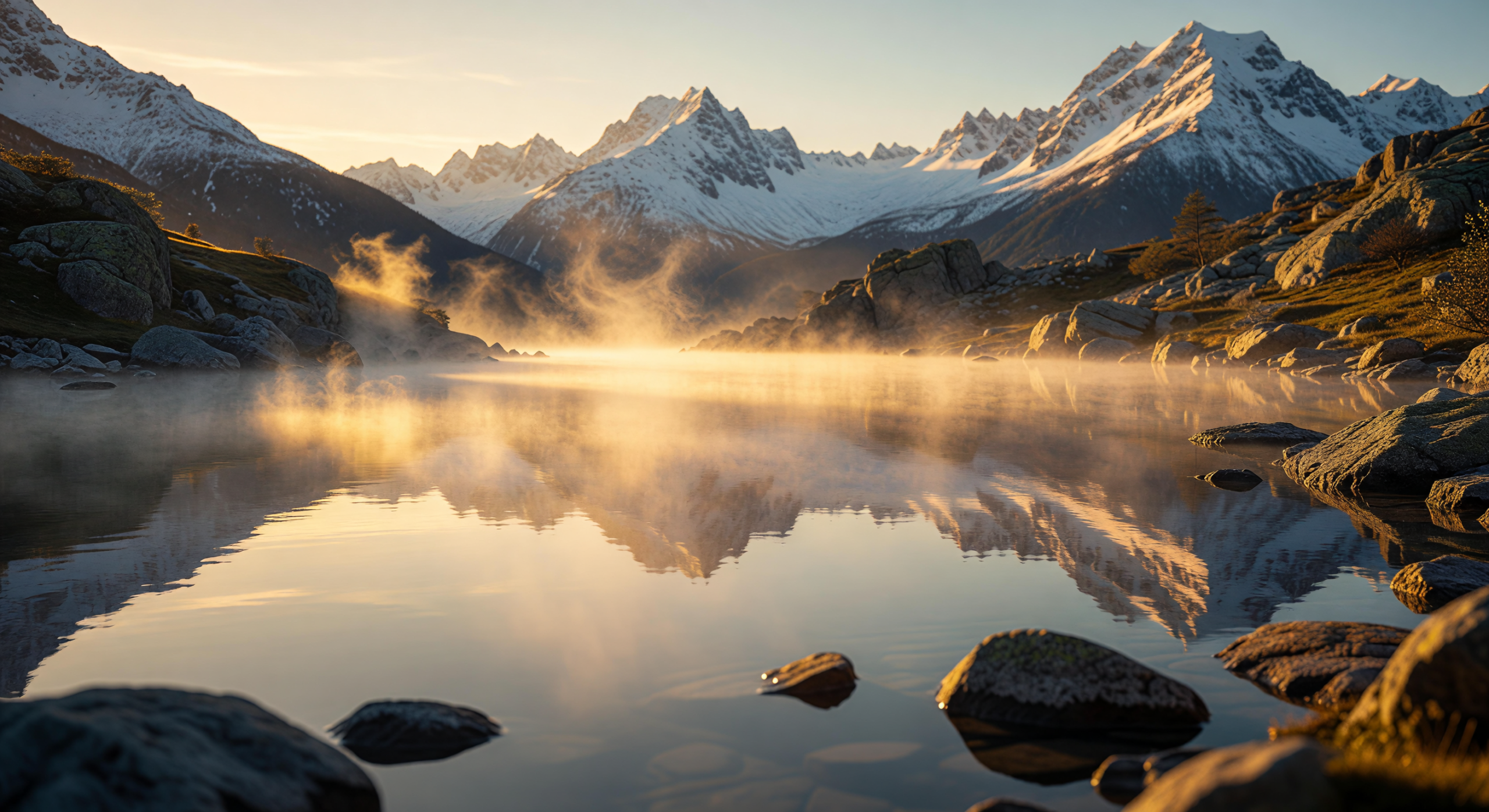 Golden Dawn Mist Over Serene Snowy Mountain Peaks