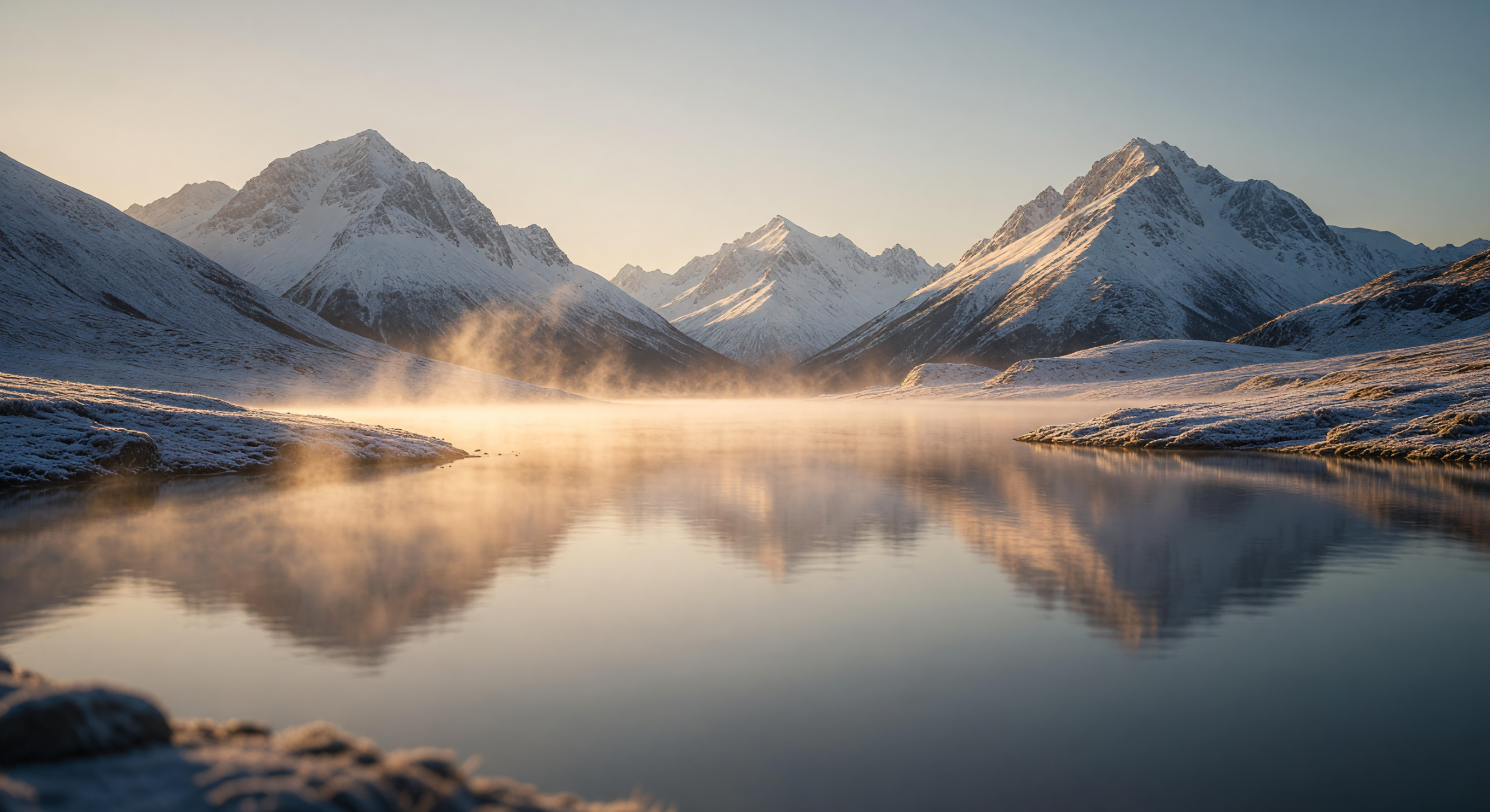 Golden Dawn Mist Over Serene Snowy Peaks