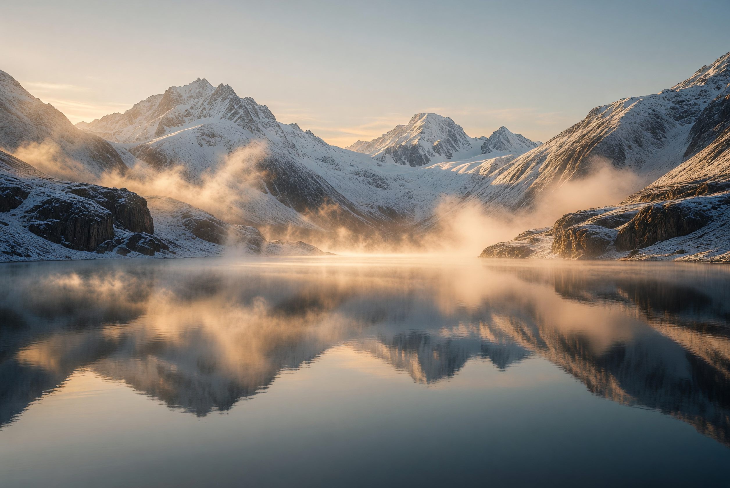 Golden Dawn Mist Over Snowy Mountain Lake