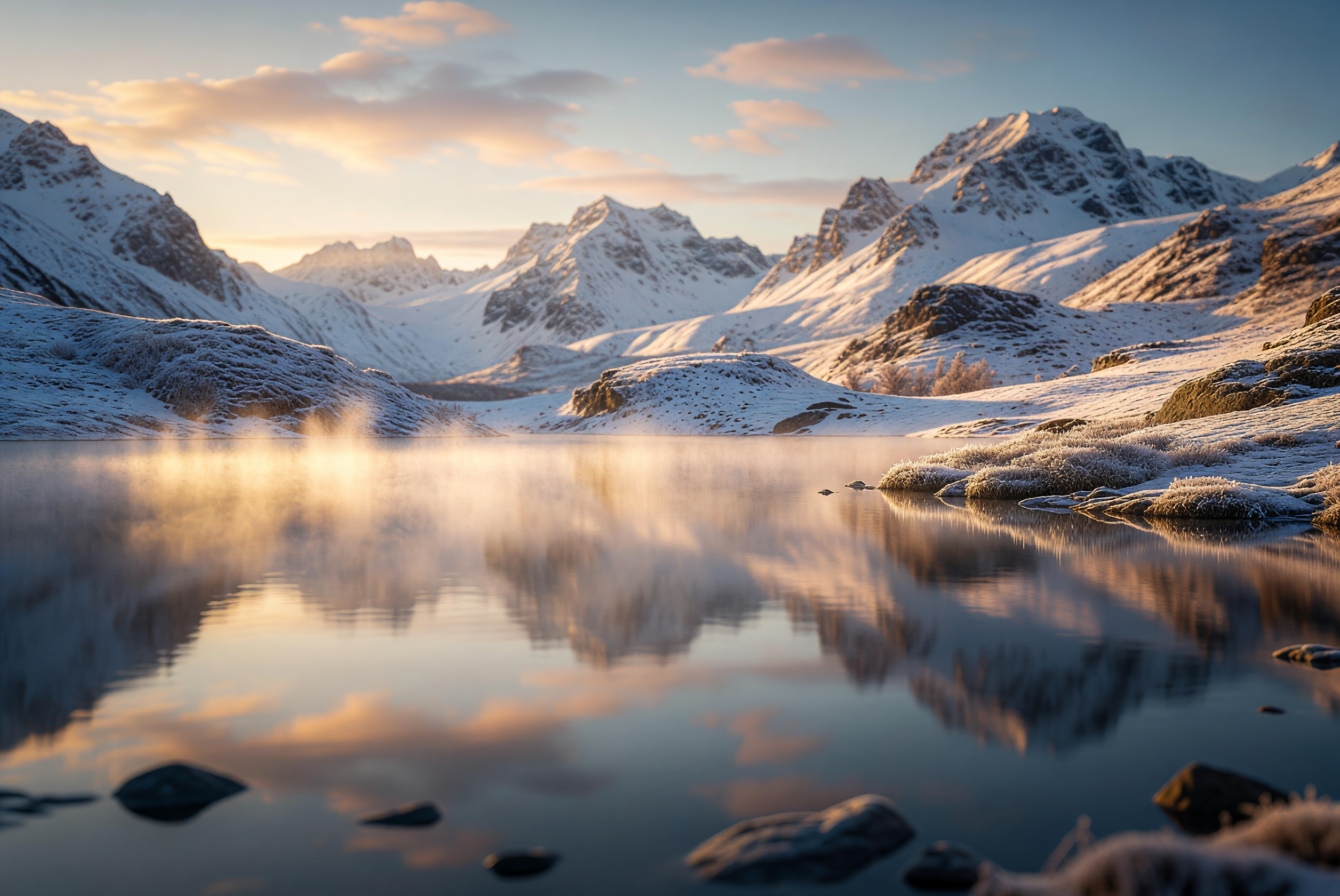Golden Dawn Over Serene Snowy Mountain Lake