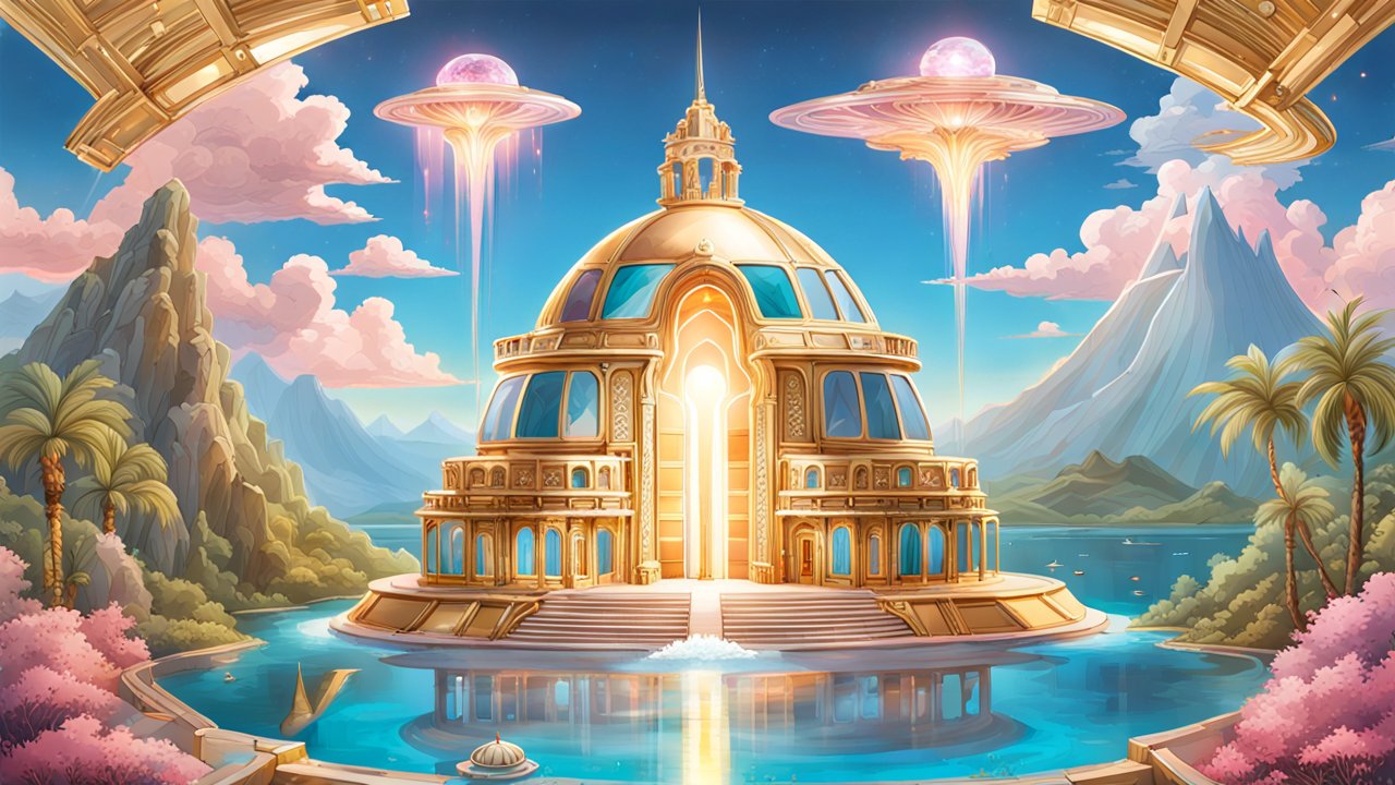 Golden Dome Sanctuary with Floating UFOs in a Serene Landscape