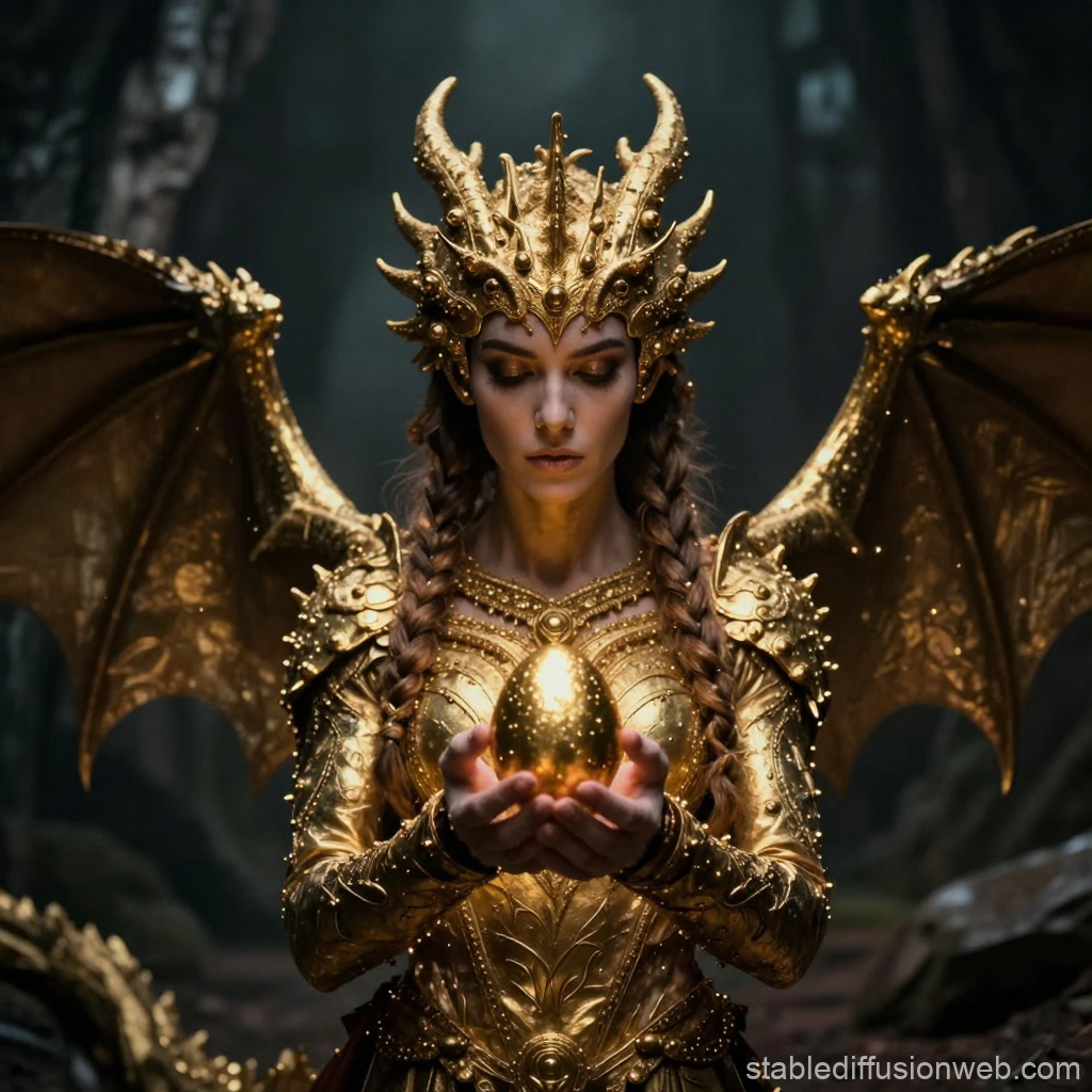 Golden Dragon Queen Holding a Glowing Egg