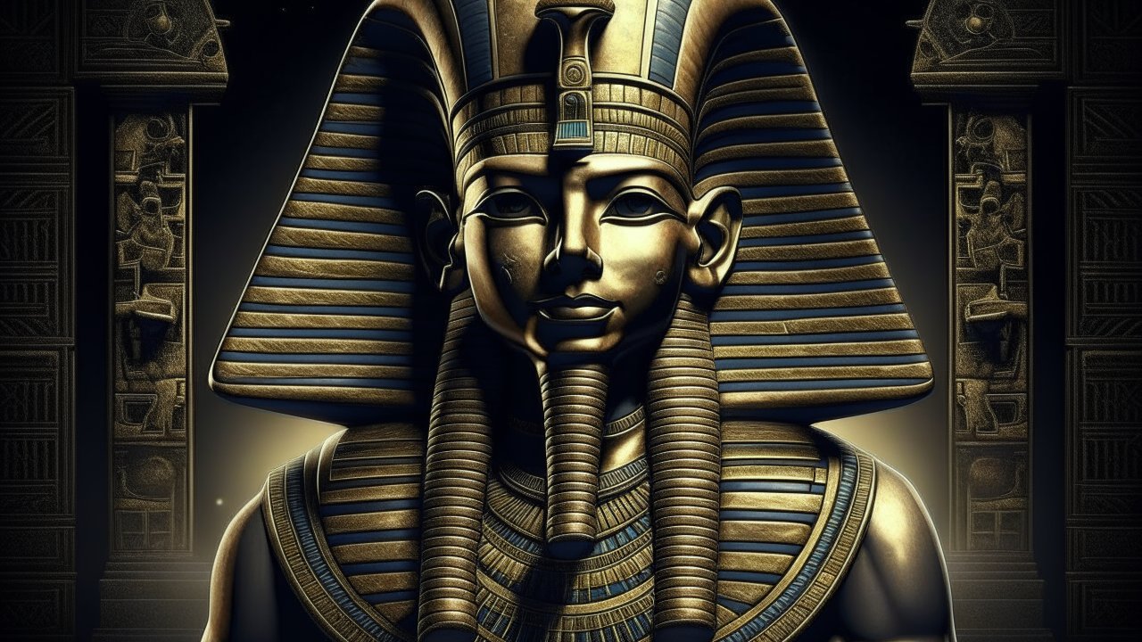 Golden Egyptian Pharaoh Bust with Hieroglyphic Pillars