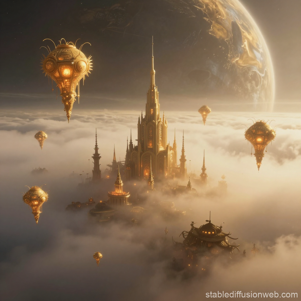 Golden Fog City with Floating Orbs on a Mystical Planet