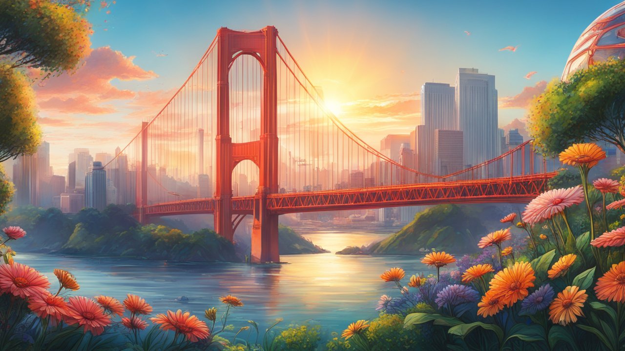 Golden Gate Bridge at Sunset with Vibrant Flowers