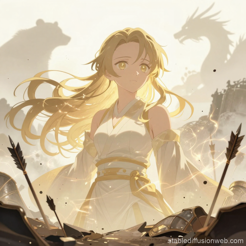 Golden-Haired Anime Warrior Amidst Battlefield Shadows