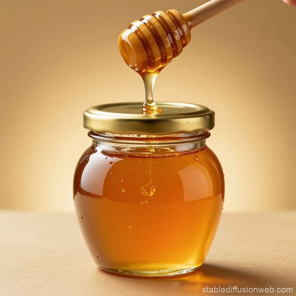 Golden Honey Dripping from Wooden Dipper into Jar