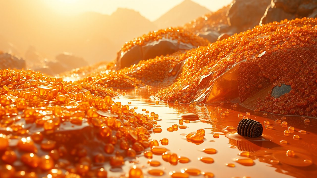 Golden Honey Landscape with Amber Droplets