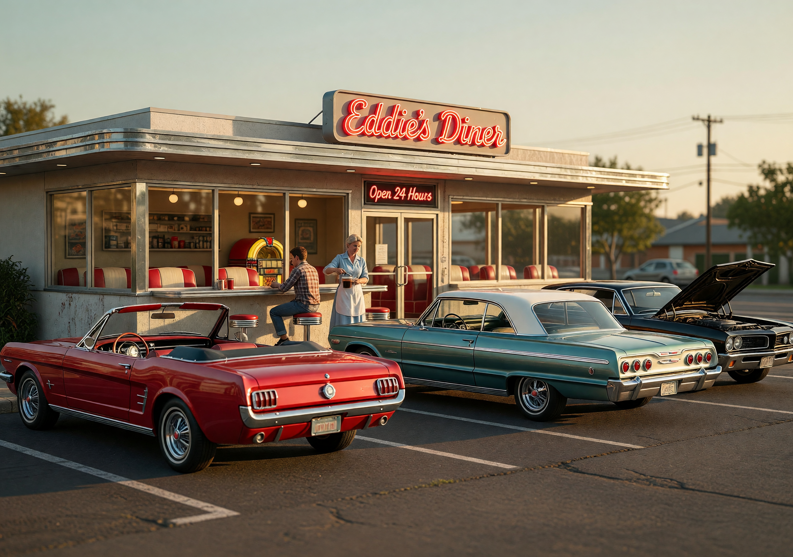 Golden Hour at Eddie's 1960s Diner with Classic Cars