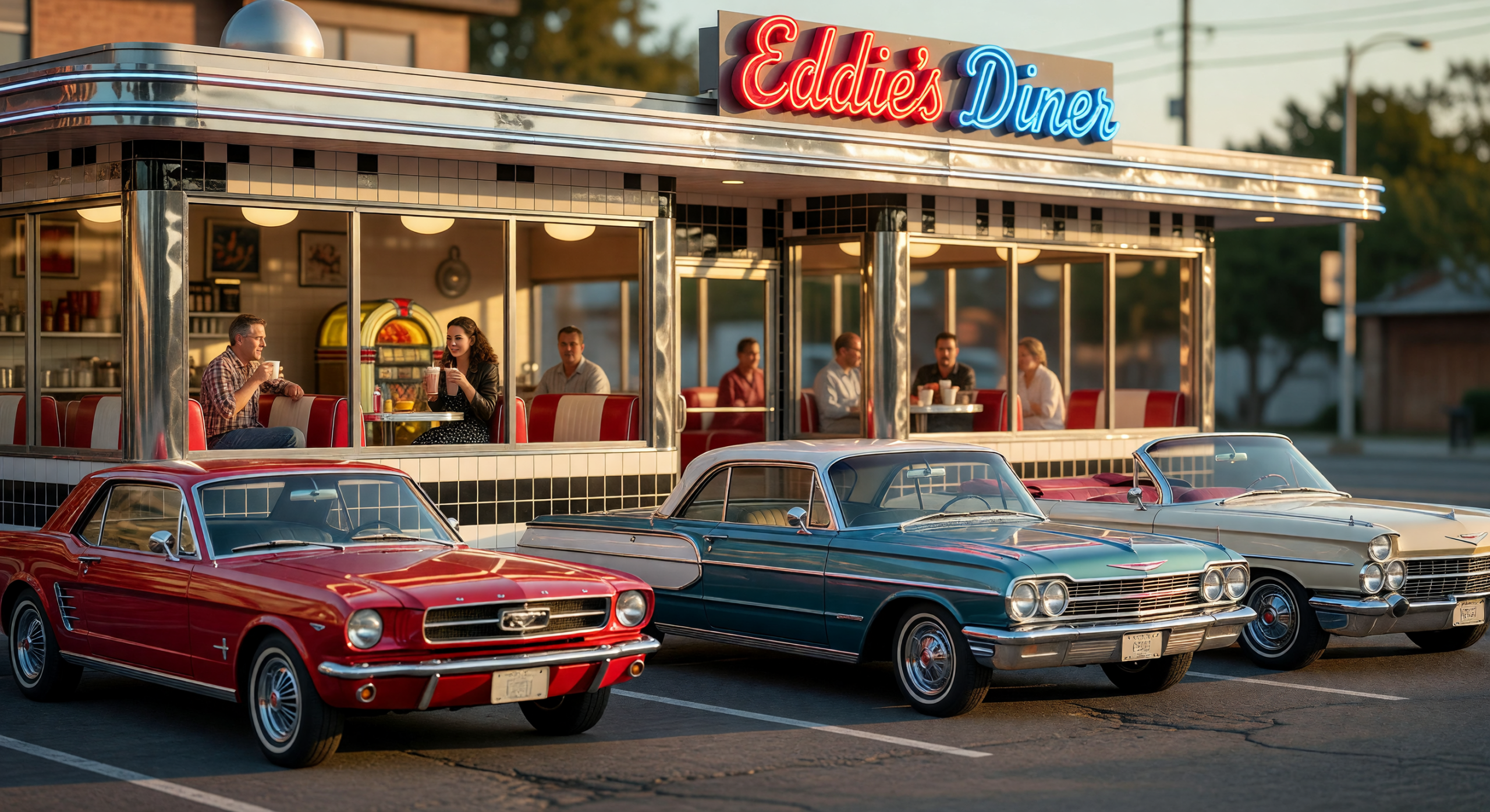 Golden Hour at Eddie's Classic 60s Diner with Vintage Cars