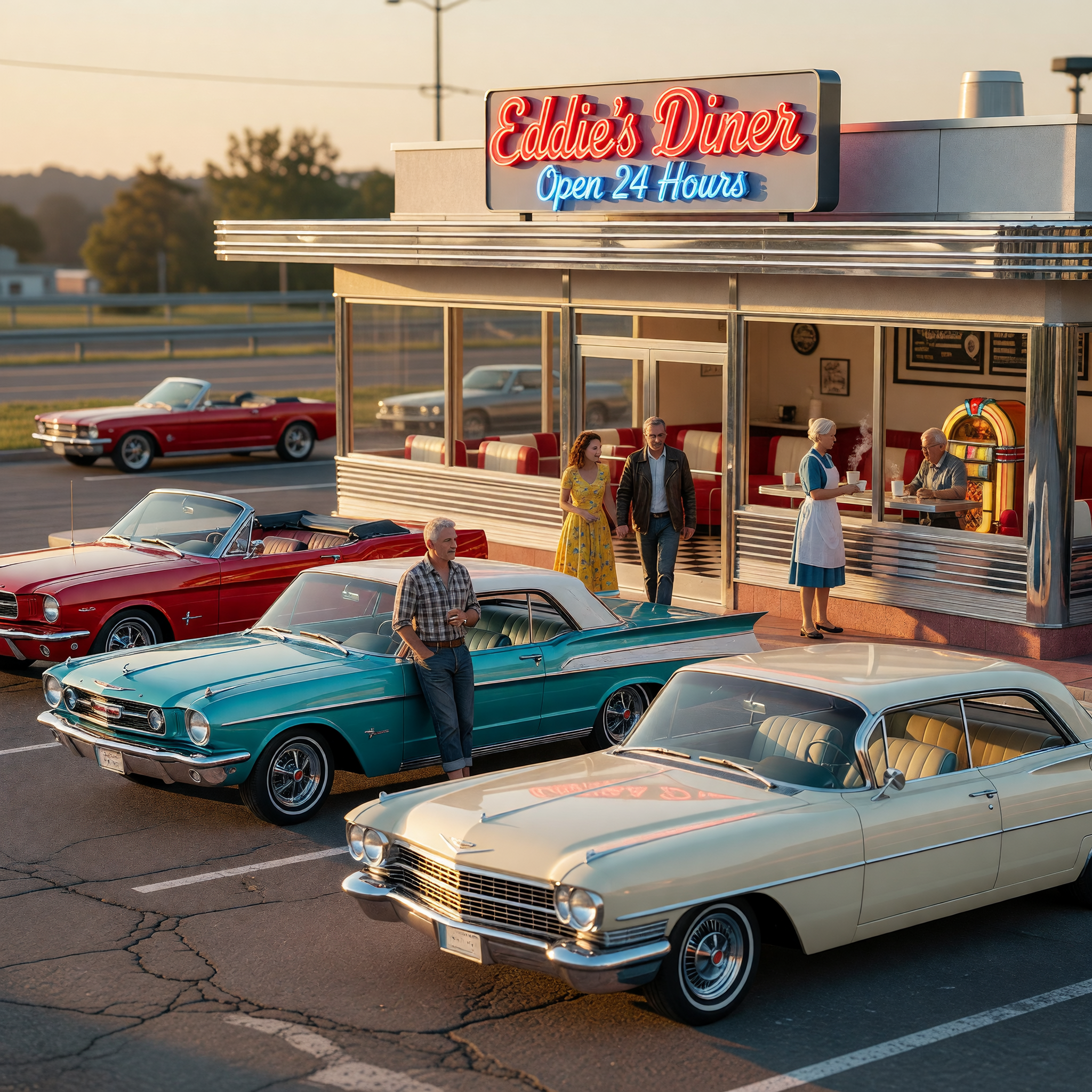 Golden Hour at Eddie's Retro Diner with Classic Cars