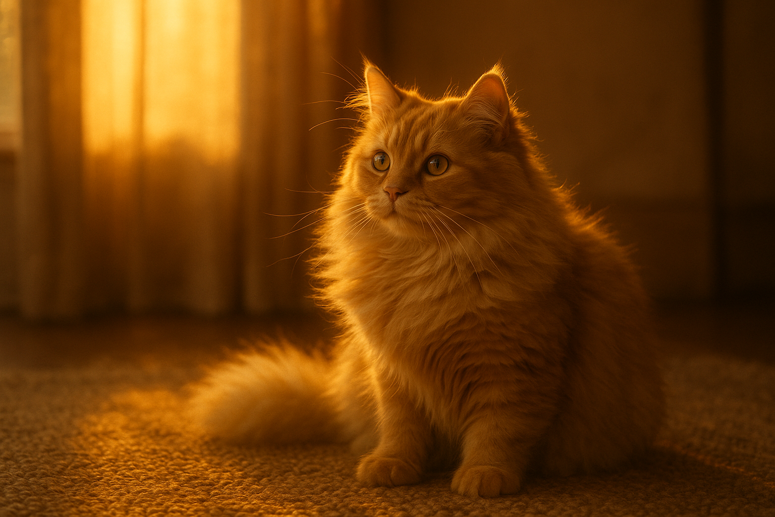 Golden Hour Fluffy Cat on Rug